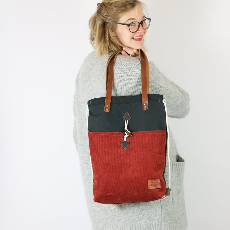 Handtaschen Rucksack "Edda" • Cord Rouge Rot • 2in1 Turnbeutel Shopper