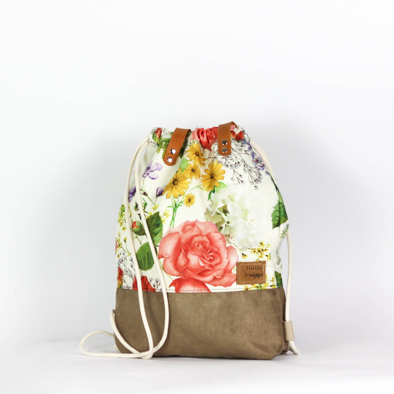 Handtaschen Rucksack "Hilka" • Blumen Wildlederimitat • 2in1 Turnbeutel Shopper