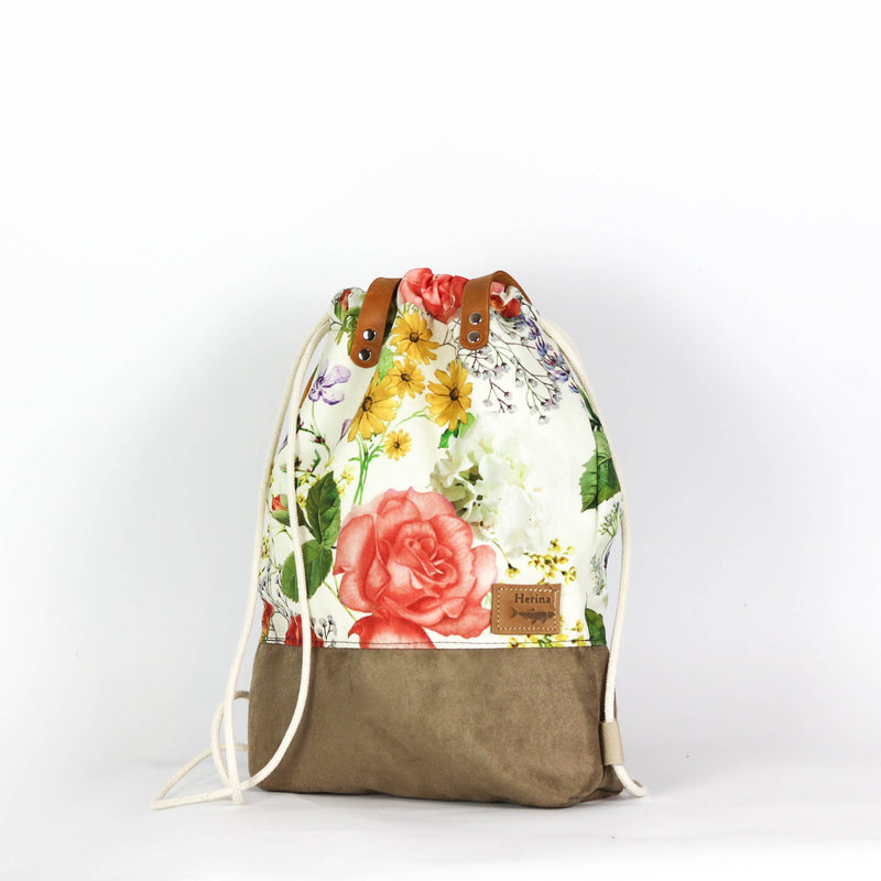 Handtaschen Rucksack "Hilka" • Blumen Wildlederimitat • 2in1 Turnbeutel Shopper