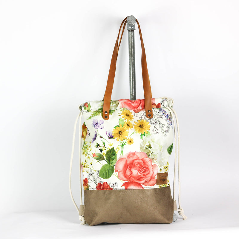 Handtaschen Rucksack "Hilka" • Blumen Wildlederimitat • 2in1 Turnbeutel Shopper