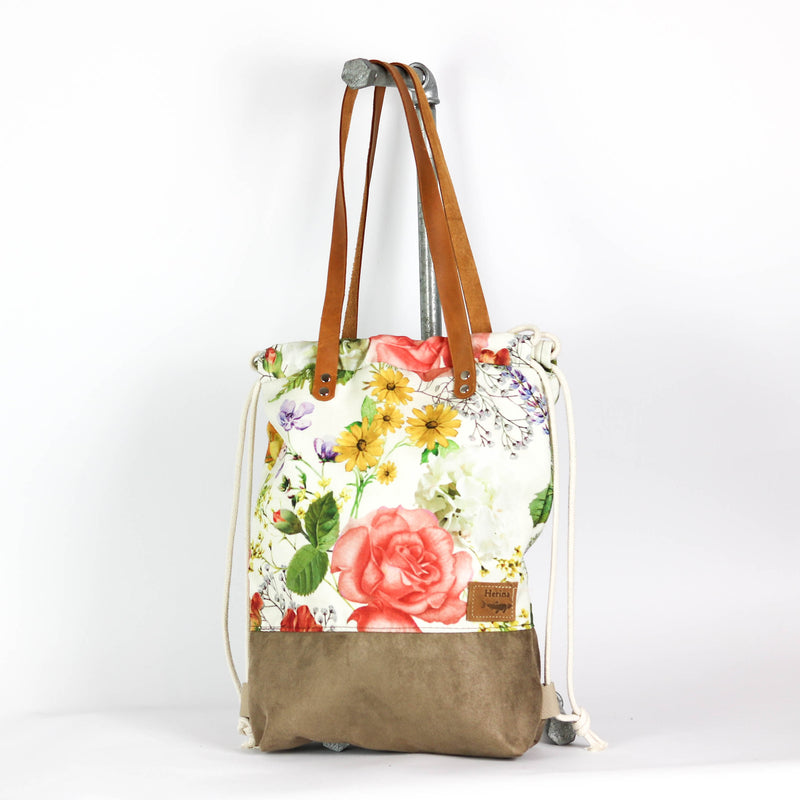 Handtaschen Rucksack "Hilka" • Blumen Wildlederimitat • 2in1 Turnbeutel Shopper