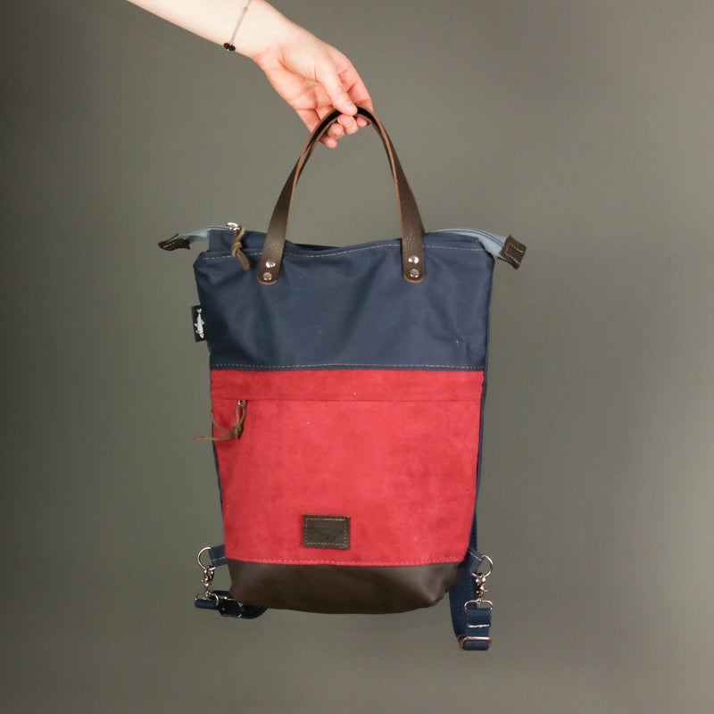 Rucksack Tasche "Ronja"  • Shopper mit Rucksack Funktion  • Bio Baumwolle Blau Rot 2in1 Convertible Tote Bag