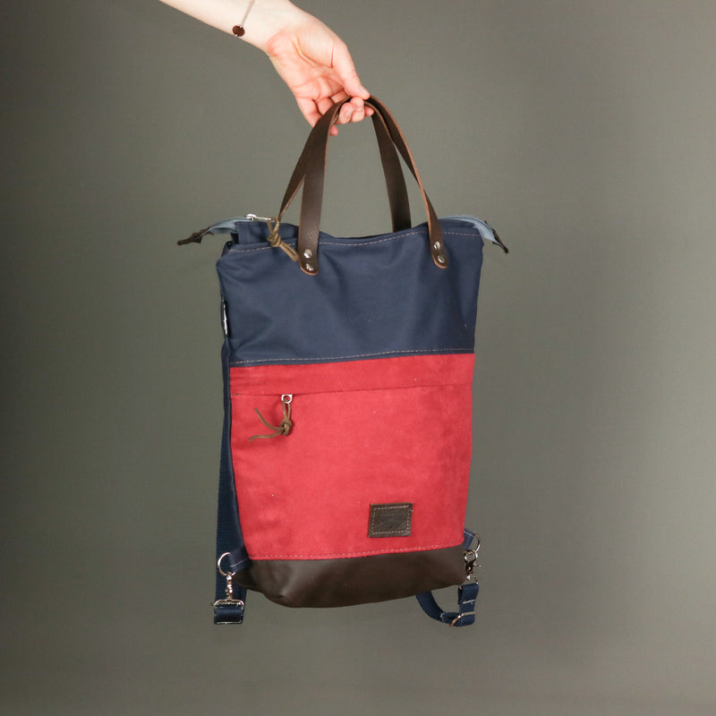 Rucksack Tasche "Ronja"  • Shopper mit Rucksack Funktion  • Bio Baumwolle Blau Rot 2in1 Convertible Tote Bag