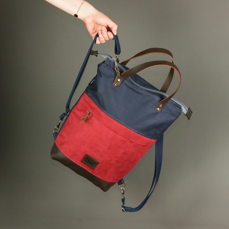 Rucksack Tasche "Ronja"  • Shopper mit Rucksack Funktion  • Bio Baumwolle Blau Rot 2in1 Convertible Tote Bag