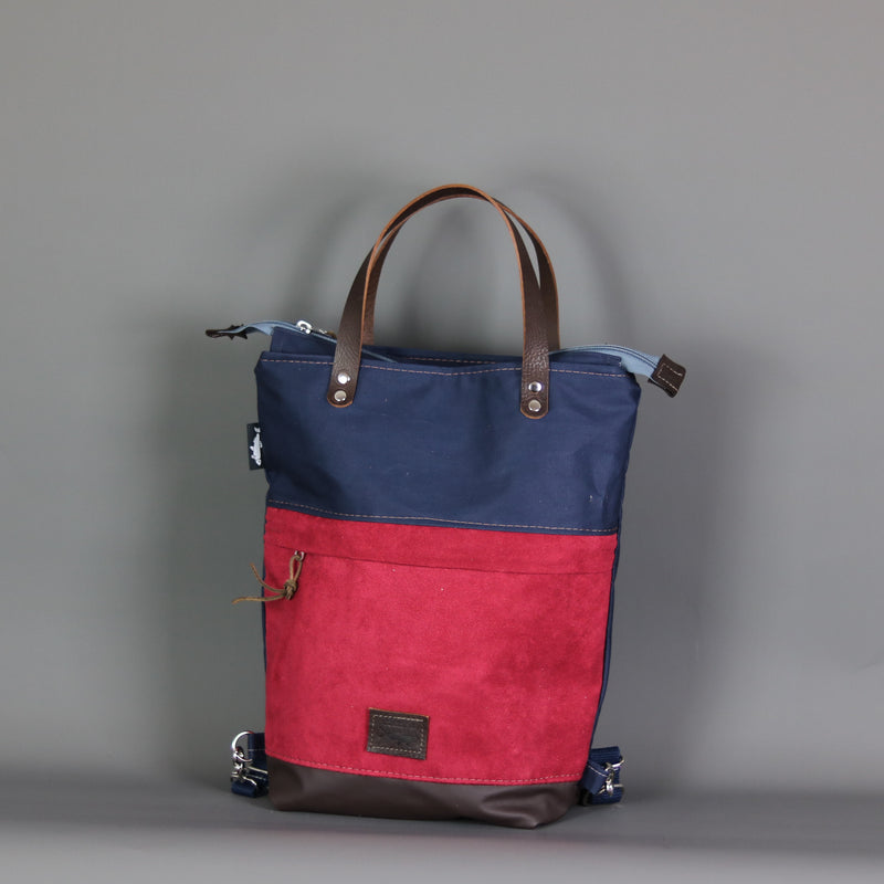 Rucksack Tasche "Ronja"  • Shopper mit Rucksack Funktion  • Bio Baumwolle Blau Rot 2in1 Convertible Tote Bag