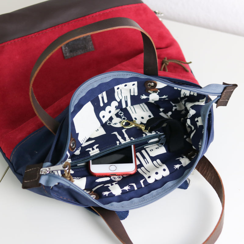 Rucksack Tasche "Ronja"  • Shopper mit Rucksack Funktion  • Bio Baumwolle Blau Rot 2in1 Convertible Tote Bag