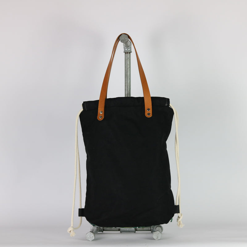 Handtaschen Rucksack "Jelto" • Blätter Schwarz • 2in1 Turnbeutel Shopper