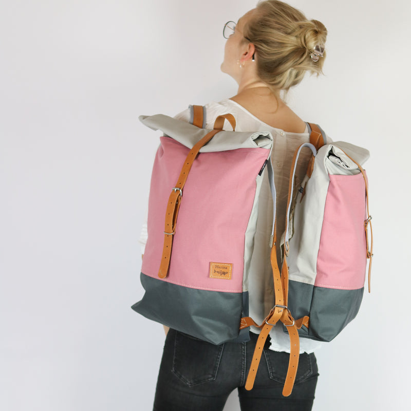 Rucksack Roll Top "Emma" • Pastell Rosé • Fronttasche