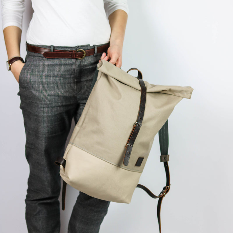 Rucksack Roll Top  "Mara" • Creme Beige Leder • Wasserabweisend